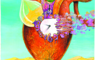 Assenza di moto in deserti cristallizzati. Assenza di battito nei cuori spezzati. Tempo, illusoria ed evanescente presenza. “Assenza”, pittura acrilica su carta, illustrazione e testo di Alessandro Nagar