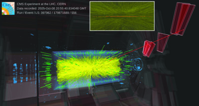 Un evento osservato nel rivelatore CMS durante un test ad alto numero di eventi concomitanti (pileup) effettuato l’8 ottobre 2025. L’inserto mostra una vista ingrandita dei 206 vertici di interazione ricostruiti (punti arancioni) e più di 9000 tracce ricostruite (linee gialle).
