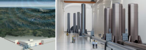 A sinistra, rendering di una possibile configurazione dell’esperimento Einstein Telescope in Sardegna. A destra, rappresentazione 3D dell’infrastruttura sotterranea del futuro interferometro gravitazionale Einstein Telescope. Le strutture verticali sono camere a vuoto che ospitano le ottiche sospese dell’interferometro. I fasci laser viaggiano all’interno dei tubi orizzontali, anch’essi sotto vuoto.