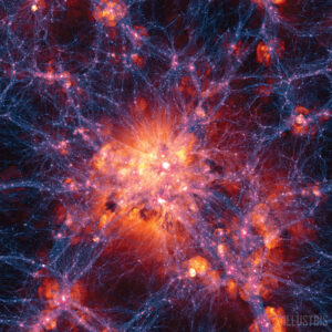 Visualizzazione della struttura a grande scala dell’universo, ottenuta dalla simulazione cosmologica Illustris. L’immagine mostra la complessa rete di filamenti che collega i massicci ammassi di galassie.